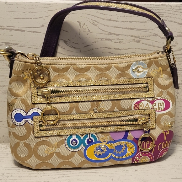 Coach Poppy Purse Gold Egglant/Glitter strap Mint Green interior - Picture 1 of 6